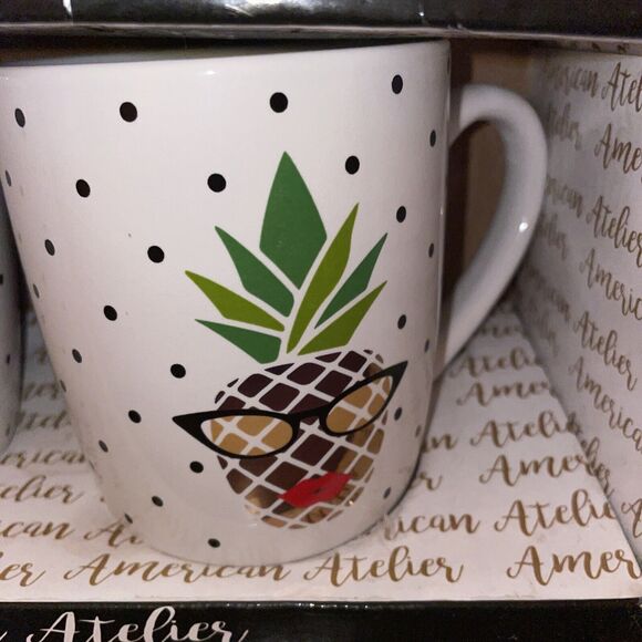 American Atelier Stoneware Coffee Mugs Mr And Mrs Pineapple Polka Dot Mugs NEW - Picture 3 of 16